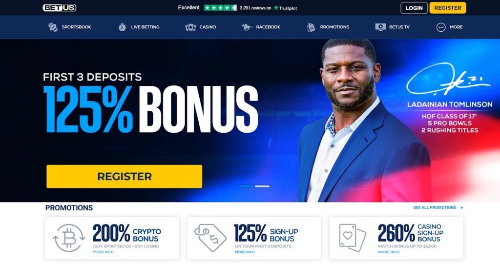 BetUS online casino and sportsbook page with games, betting lines, and promotions.