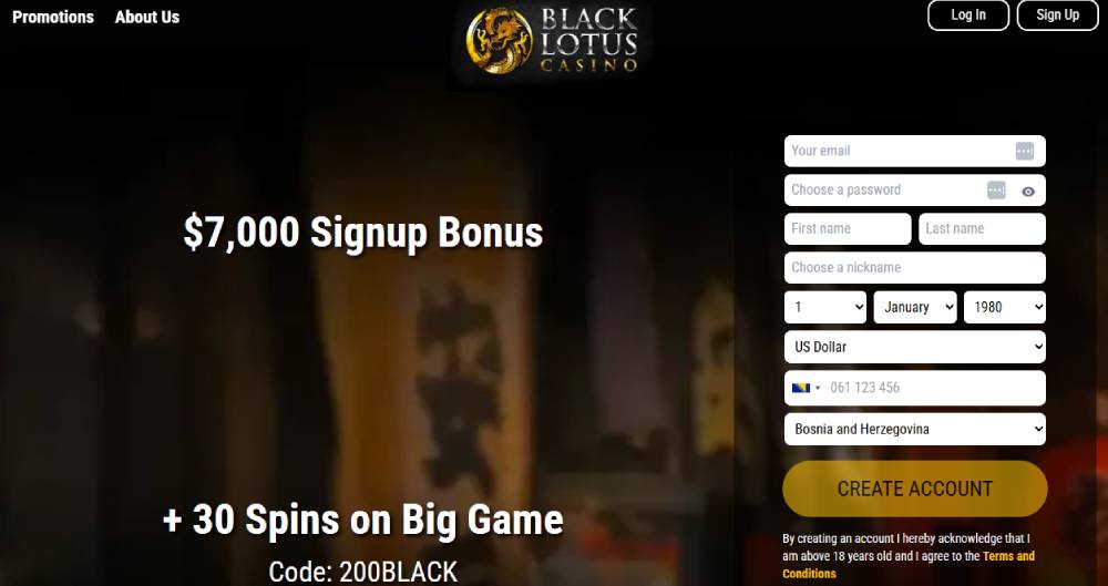 Black Lotus casino interface highlighting live dealer games and promotions.