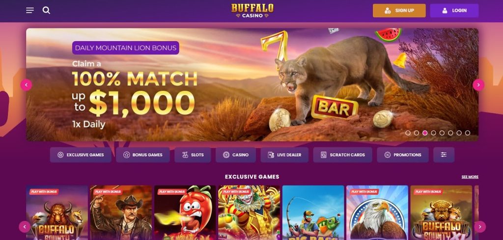 Buffalo Casino gaming platform with themed slots and bonus offers.