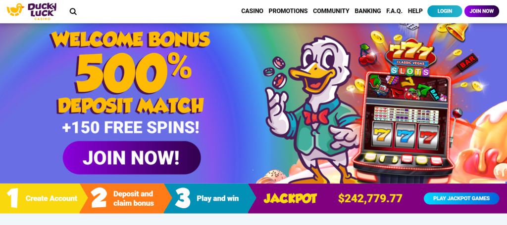 DuckyLuck casino interface showing daily bonuses and slot selections.