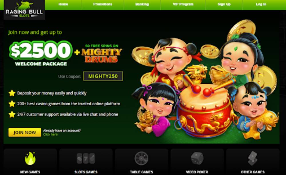Raging Bull casino platform showcasing bonuses and popular slot games.