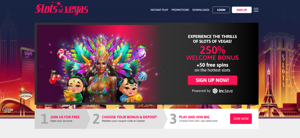Slots of Vegas casino homepage displaying colorful slot machines and jackpo