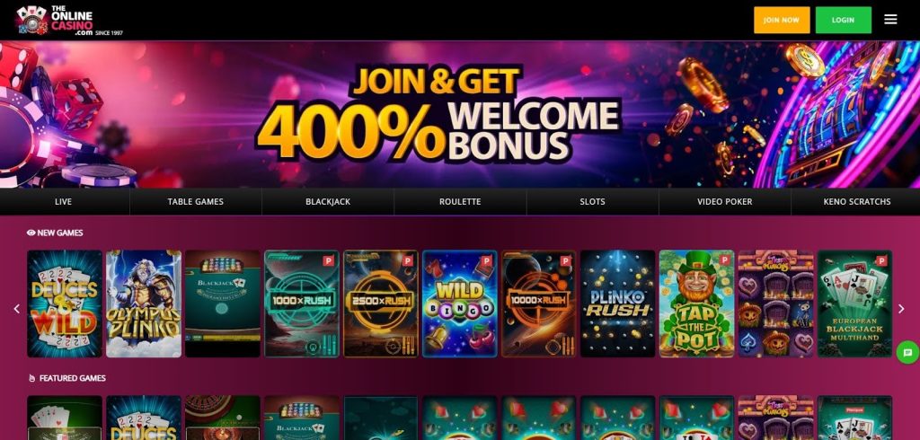 TheOnlineCasino dashboard with large game library and user-friendly navigation.